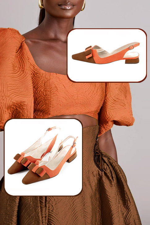 Women's caramel brown and clementine orange elegant slingback heels, with a bow on the front. Tapered toe. Flat block heels - Top view